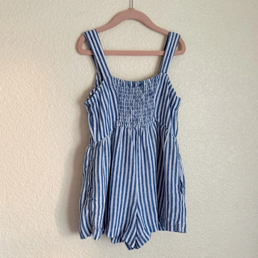 Old Navy Girls Sleeveless Linen Blend Button Front Romper 8 Blue White Stripe
